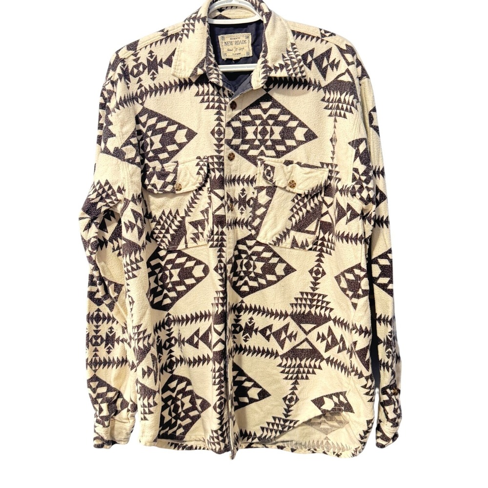 New Roads Mens Large Aztec Geometric Print‎ Cotton Flannel Button Up Shirt Cream